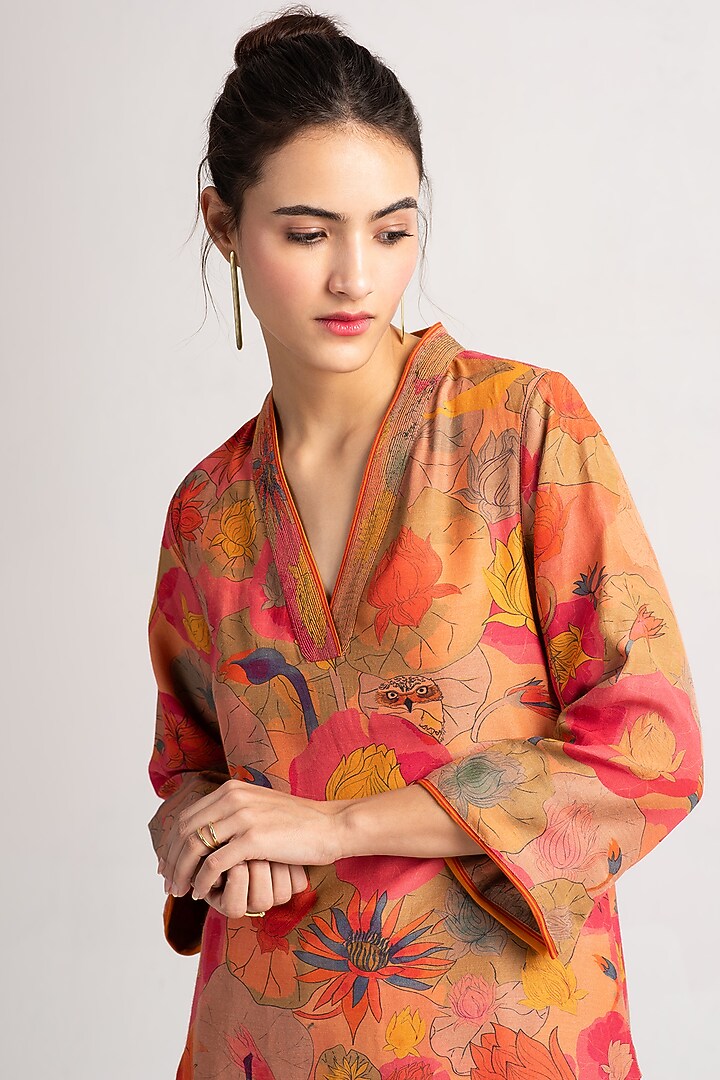 Grapefruit Muga Satin Silk Kurta by SUKETDHIR at Pernia's Pop Up Shop
