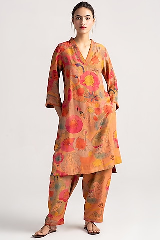 Grapefruit Muga Satin Silk Salwar Pants by SUKETDHIR