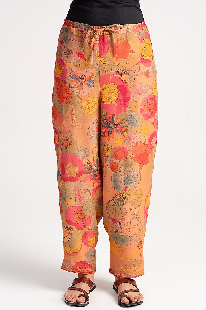 Grapefruit Muga Satin Silk Salwar Pants by SUKETDHIR at Pernia's Pop Up Shop