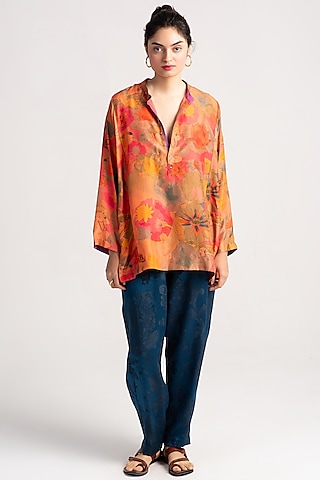 Grapefruit Silk Kurta by SUKETDHIR