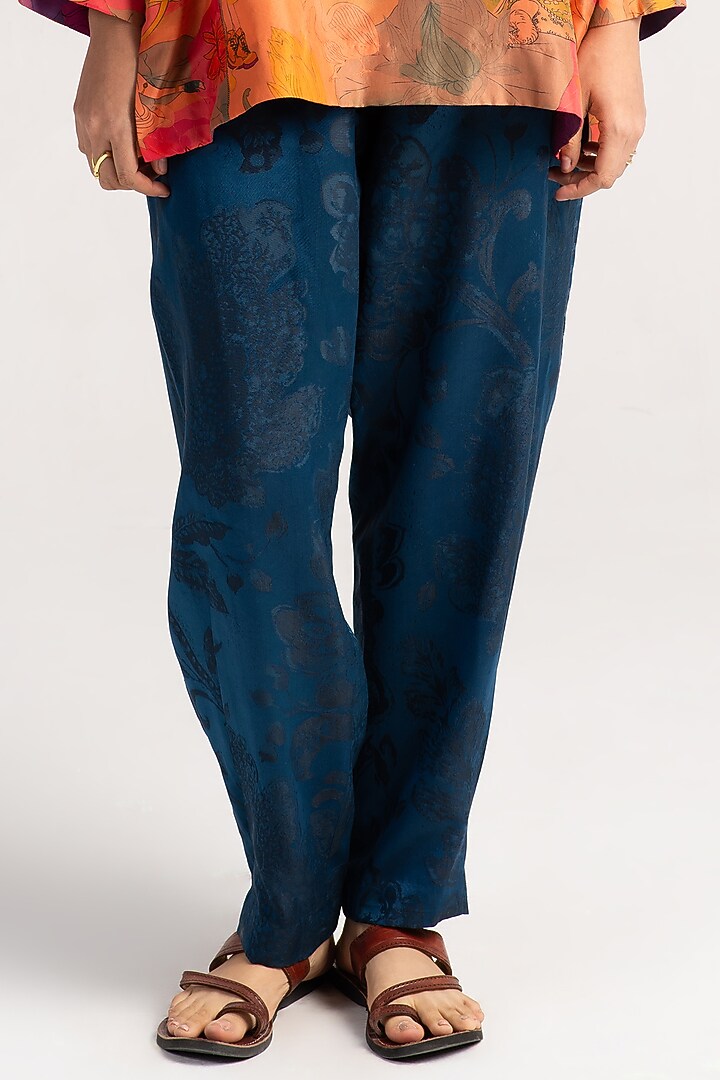 Teal Silk Damask Trousers by SUKETDHIR at Pernia's Pop Up Shop