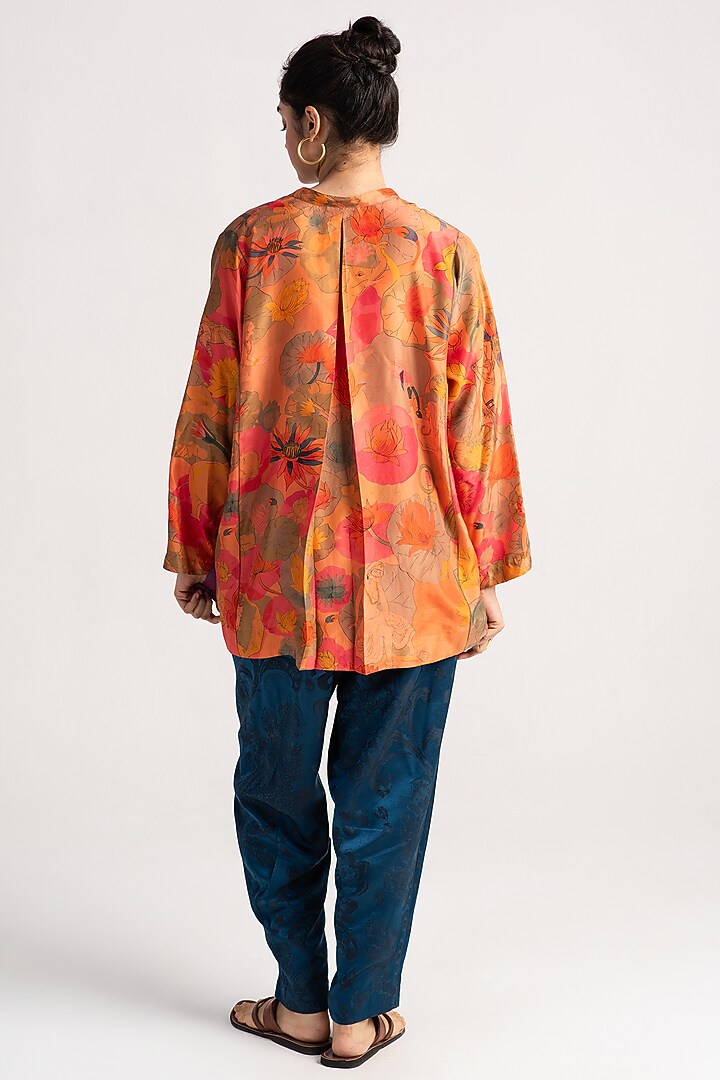 Teal Silk Damask Trousers by SUKETDHIR at Pernia's Pop Up Shop