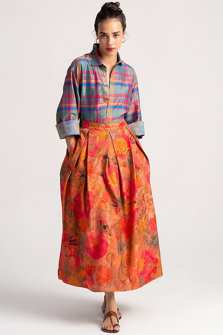 Grapefruit Silk Damask Midi Skirt by SUKETDHIR at Pernia's Pop Up Shop