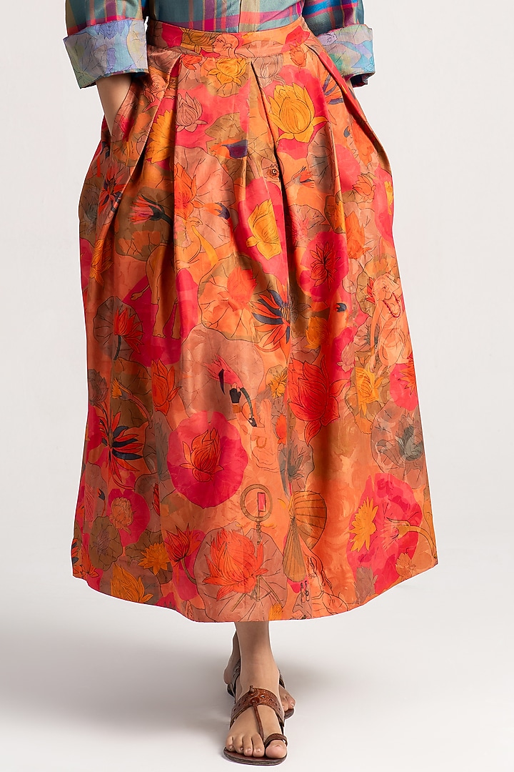 Grapefruit Silk Damask Midi Skirt by SUKETDHIR at Pernia's Pop Up Shop