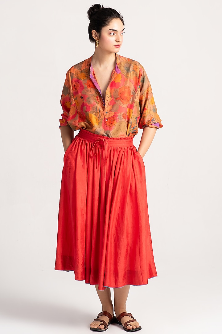 Red Silk Midi Skirt by SUKETDHIR at Pernia's Pop Up Shop