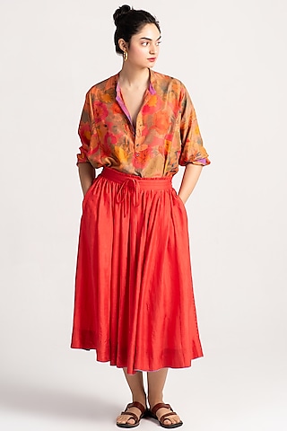 Red Silk Midi Skirt by SUKETDHIR