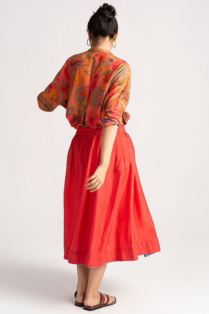 Red Silk Midi Skirt by SUKETDHIR at Pernia's Pop Up Shop 2025 - Main Image