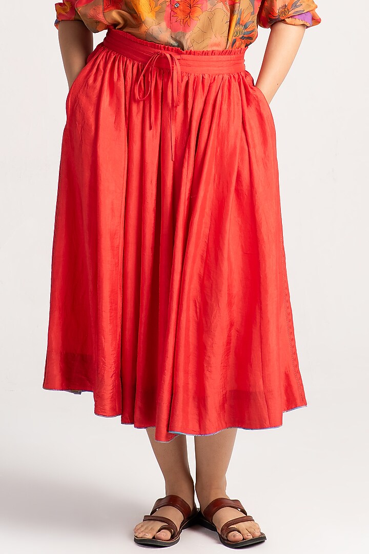 Red Silk Midi Skirt by SUKETDHIR at Pernia's Pop Up Shop