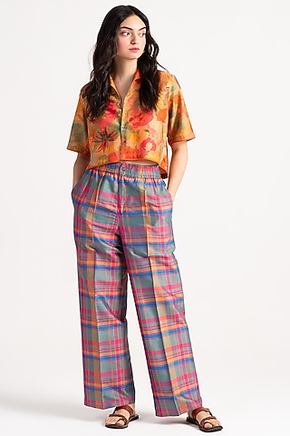 Grapefruit Cotton Silk Cropped Shirt by SUKETDHIR