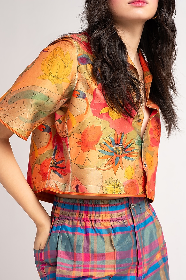 Grapefruit Cotton Silk Cropped Shirt by SUKETDHIR at Pernia's Pop Up Shop