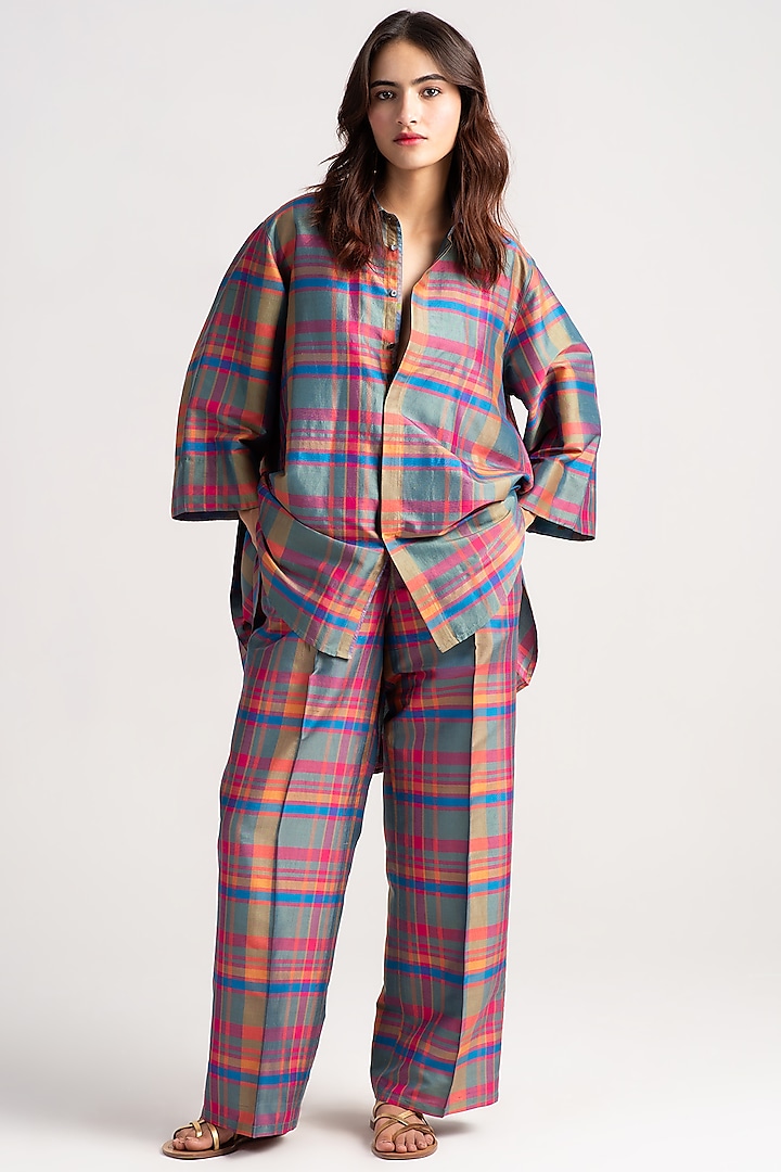 Multi-Colored Silk Dupion Checkered Shirt by SUKETDHIR at Pernia's Pop Up Shop