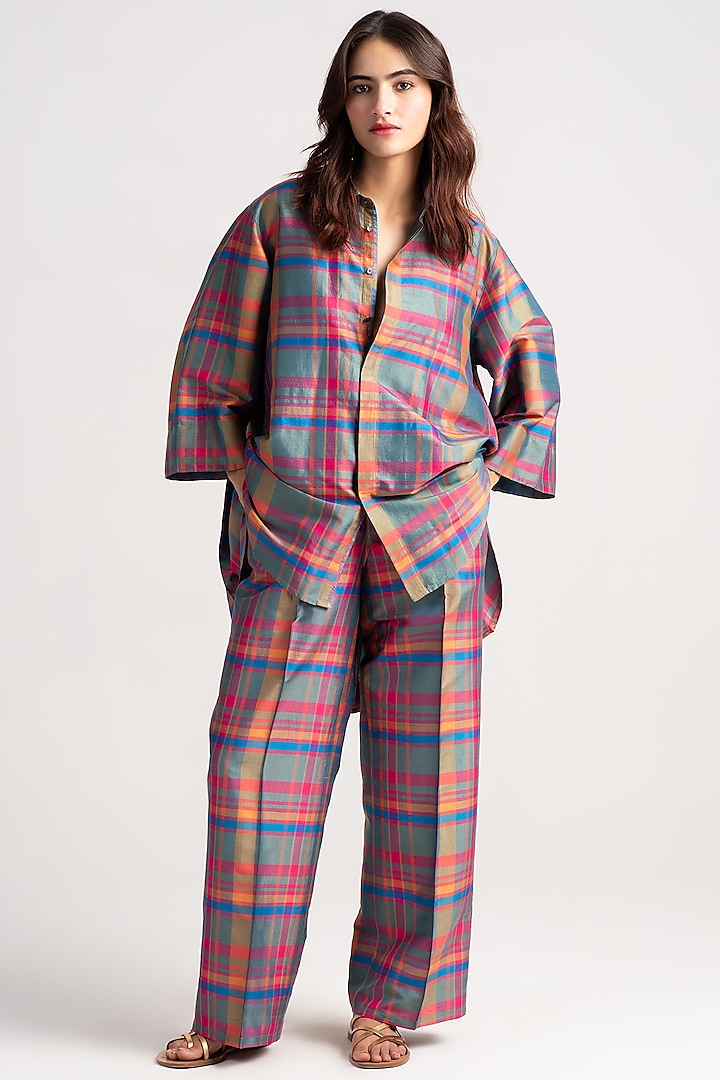 Multi-Colored Silk Dupion Checkered Trousers by SUKETDHIR at Pernia's Pop Up Shop