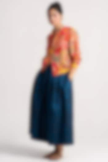 Teal Silk Damask Midi Skirt by SUKETDHIR at Pernia's Pop Up Shop