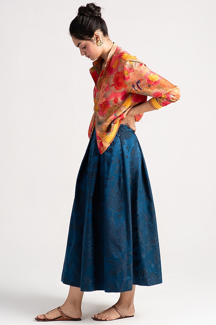 Teal Silk Damask Midi Skirt by SUKETDHIR at Pernia's Pop Up Shop