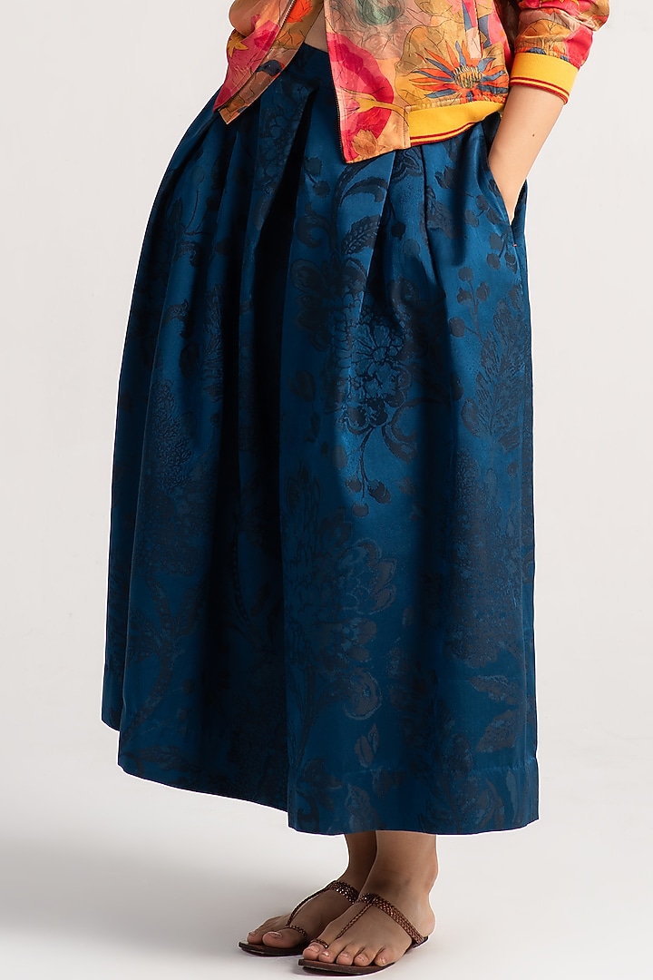 Teal Silk Damask Midi Skirt by SUKETDHIR at Pernia's Pop Up Shop