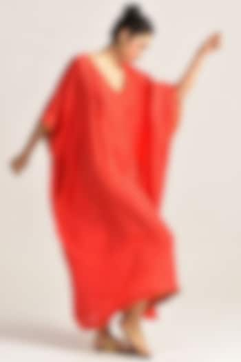 Red Silk Check Kaftan Dress by SUKETDHIR at Pernia's Pop Up Shop