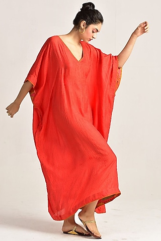 Red Silk Check Kaftan Dress by SUKETDHIR