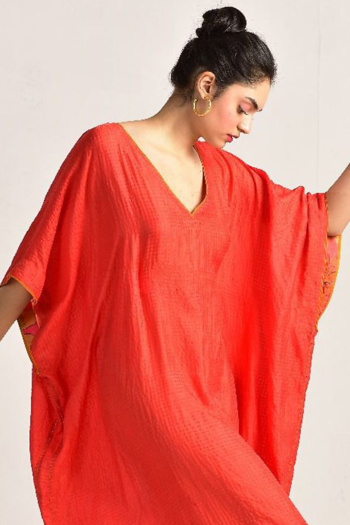Red Silk Check Kaftan Dress by SUKETDHIR at Pernia's Pop Up Shop