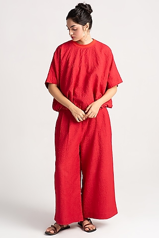 Red Silk Check Top by SUKETDHIR