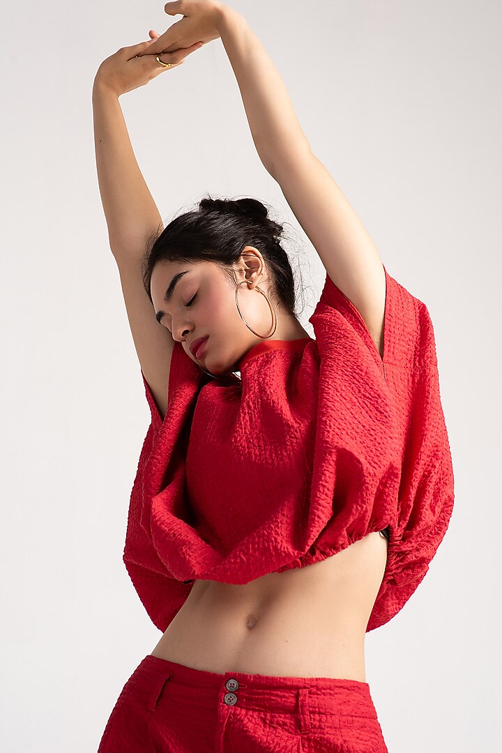Red Silk Check Top by SUKETDHIR at Pernia's Pop Up Shop
