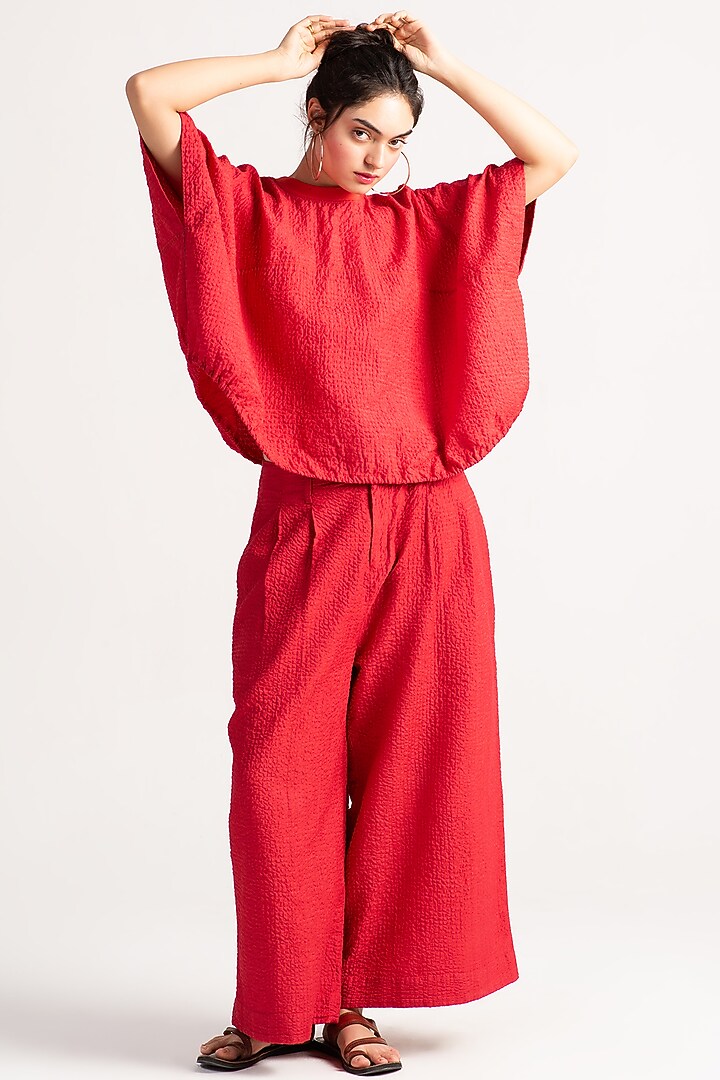 Red Silk Check Top by SUKETDHIR at Pernia's Pop Up Shop
