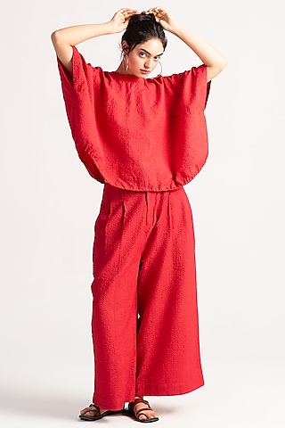 Red Silk Check Trousers by SUKETDHIR