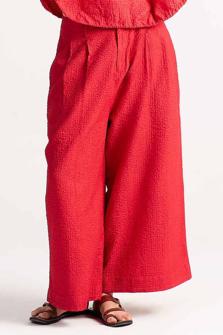 Red Silk Check Trousers by SUKETDHIR at Pernia's Pop Up Shop