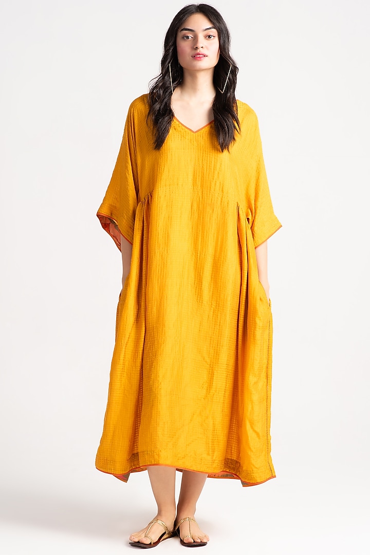 Mustard Silk Check Midi Dress by SUKETDHIR at Pernia's Pop Up Shop