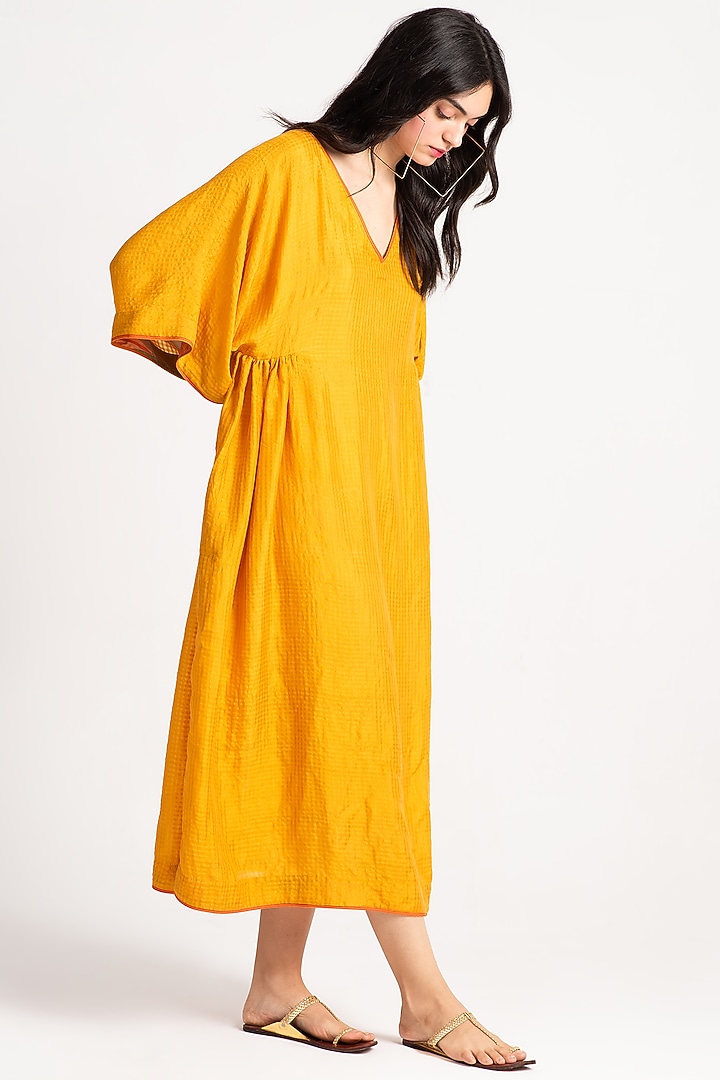 Mustard Silk Check Midi Cocktail Dress by SUKETDHIR at Pernia's Pop Up Shop