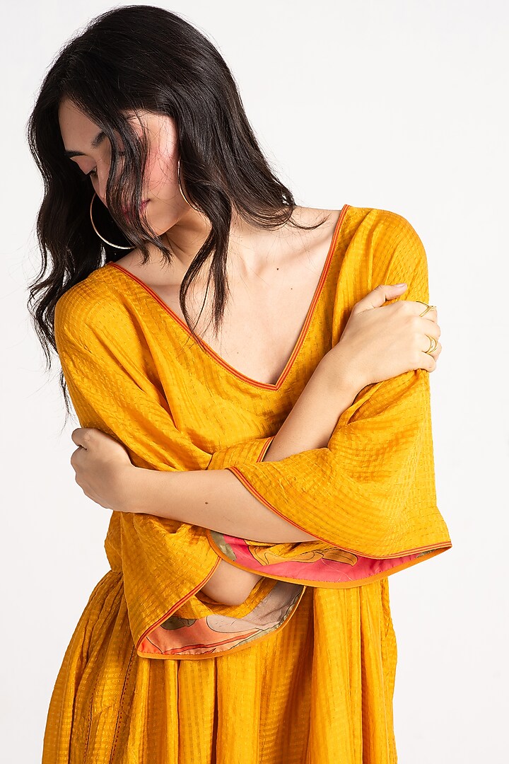 Mustard Silk Check Midi Cocktail Dress by SUKETDHIR at Pernia's Pop Up Shop