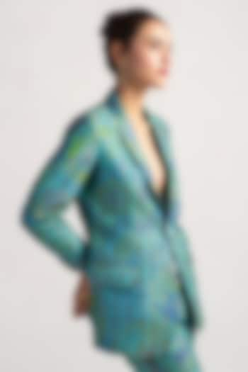 Aqua Silk Brocade Blazer by SUKETDHIR at Pernia's Pop Up Shop