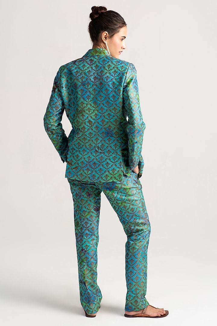Aqua Silk Brocade Blazer by SUKETDHIR at Pernia's Pop Up Shop
