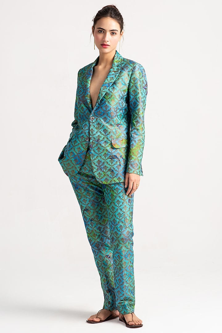 Aqua Silk Brocade Blazer by SUKETDHIR at Pernia's Pop Up Shop