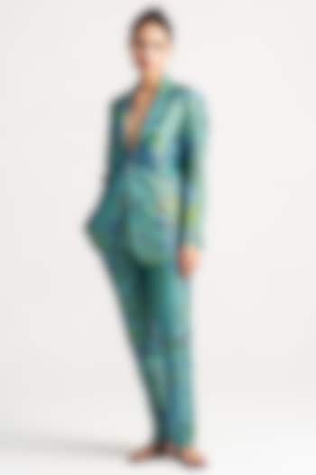 Aqua Silk Brocade Boot-Cut Trousers by SUKETDHIR at Pernia's Pop Up Shop