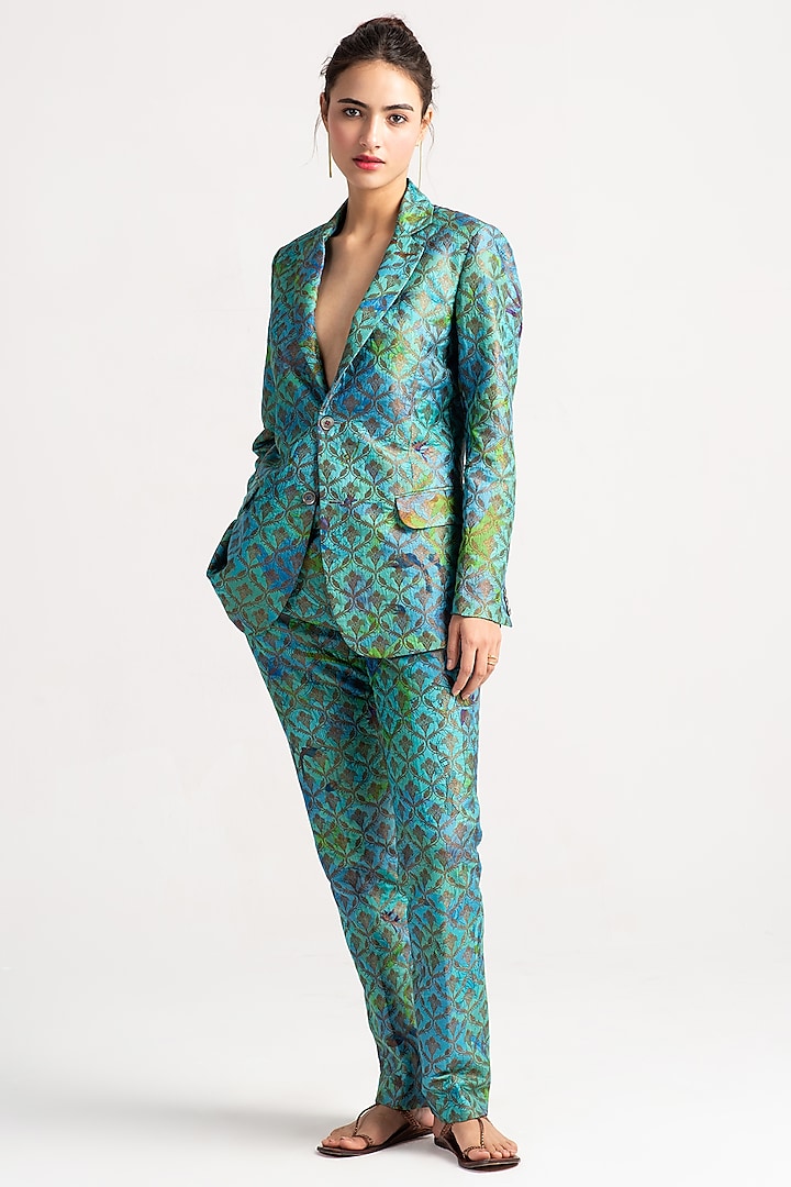 Aqua Silk Brocade Boot-Cut Trousers by SUKETDHIR at Pernia's Pop Up Shop