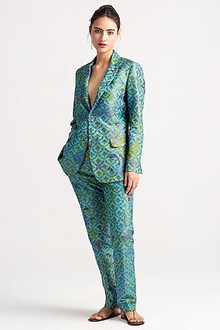 Aqua Silk Brocade Boot-Cut Trousers by SUKETDHIR