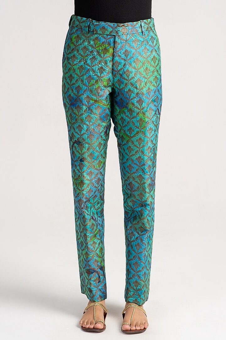 Aqua Silk Brocade Boot-Cut Trousers by SUKETDHIR at Pernia's Pop Up Shop