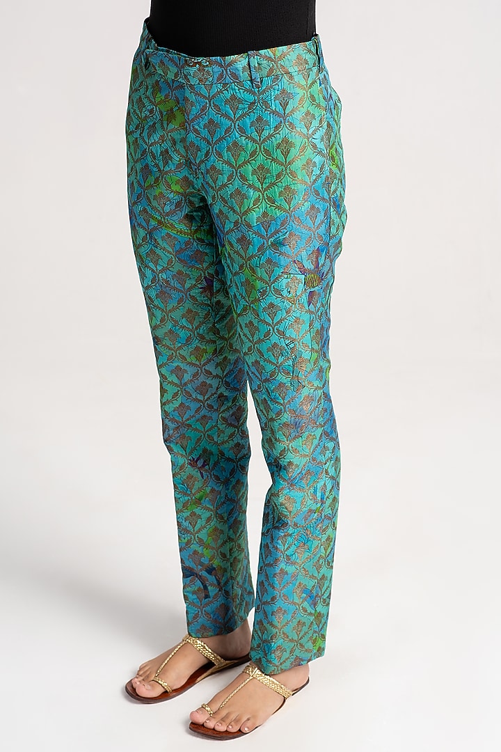 Aqua Silk Brocade Boot-Cut Trousers by SUKETDHIR at Pernia's Pop Up Shop