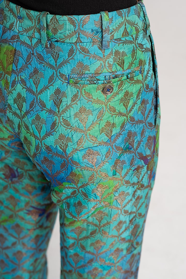 Aqua Silk Brocade Boot-Cut Trousers by SUKETDHIR at Pernia's Pop Up Shop