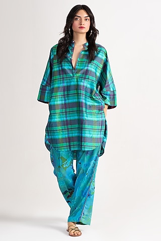 Aqua Muga Satin Silk Salwar Pants by SUKETDHIR