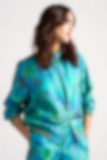 Aqua Silk Damask Bomber Jacket by SUKETDHIR at Pernia's Pop Up Shop