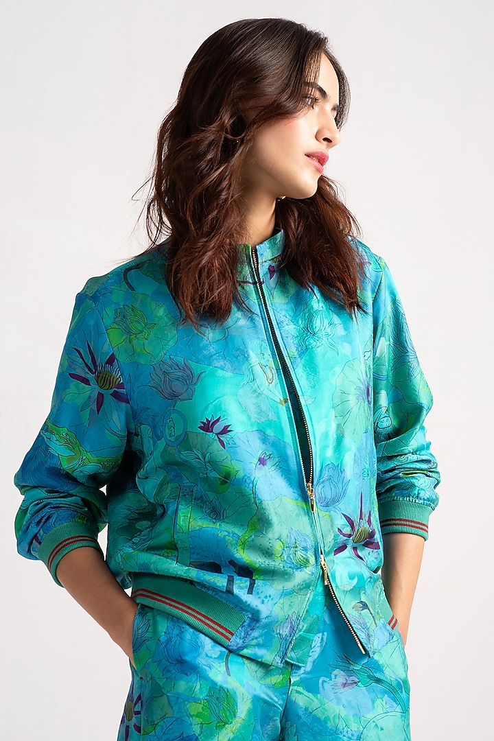 Aqua Silk Damask Bomber Jacket by SUKETDHIR at Pernia's Pop Up Shop