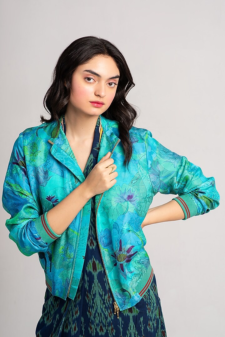 Aqua Silk Damask Bomber Jacket by SUKETDHIR at Pernia's Pop Up Shop