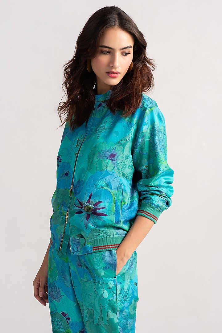 Aqua Silk Damask Bomber Jacket by SUKETDHIR at Pernia's Pop Up Shop