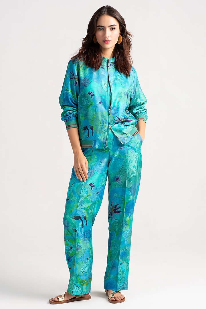 Aqua Silk Damask Bomber Jacket by SUKETDHIR at Pernia's Pop Up Shop