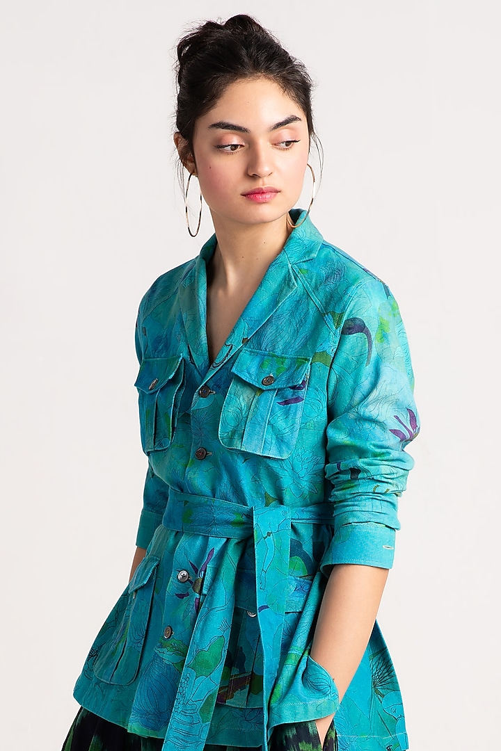 Aqua Cotton Canvas Jacket by SUKETDHIR at Pernia's Pop Up Shop