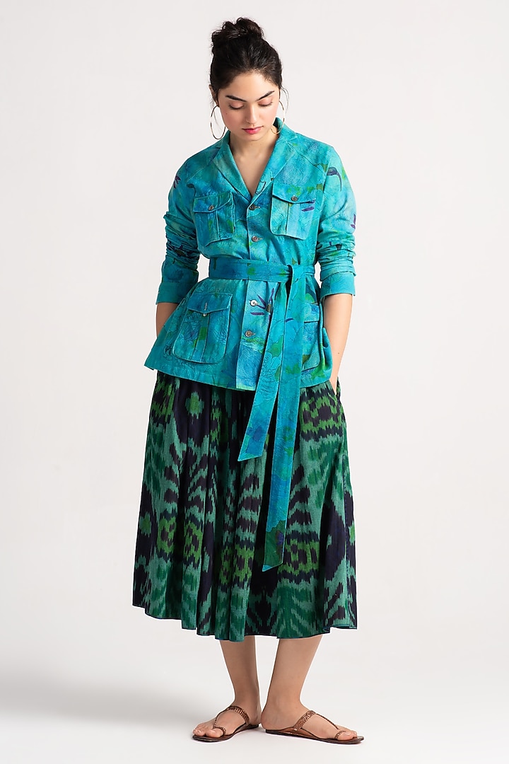 Green & Black Cotton Ikat Midi Skirt by SUKETDHIR at Pernia's Pop Up Shop