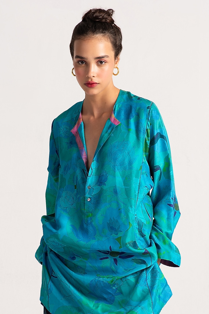 Aqua Silk Kurta by SUKETDHIR at Pernia's Pop Up Shop