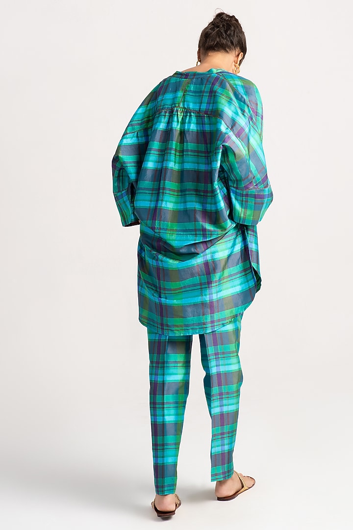 Aqua Silk Dupion Check Kurta by SUKETDHIR at Pernia's Pop Up Shop