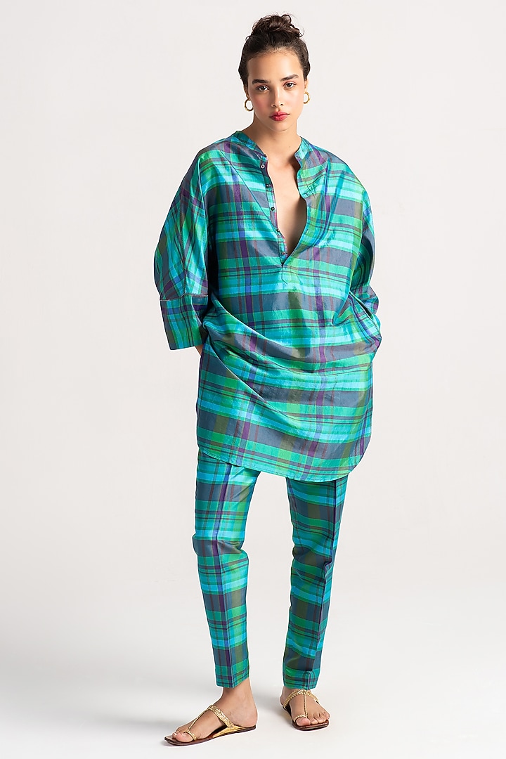 Aqua Silk Dupion Check Kurta by SUKETDHIR at Pernia's Pop Up Shop